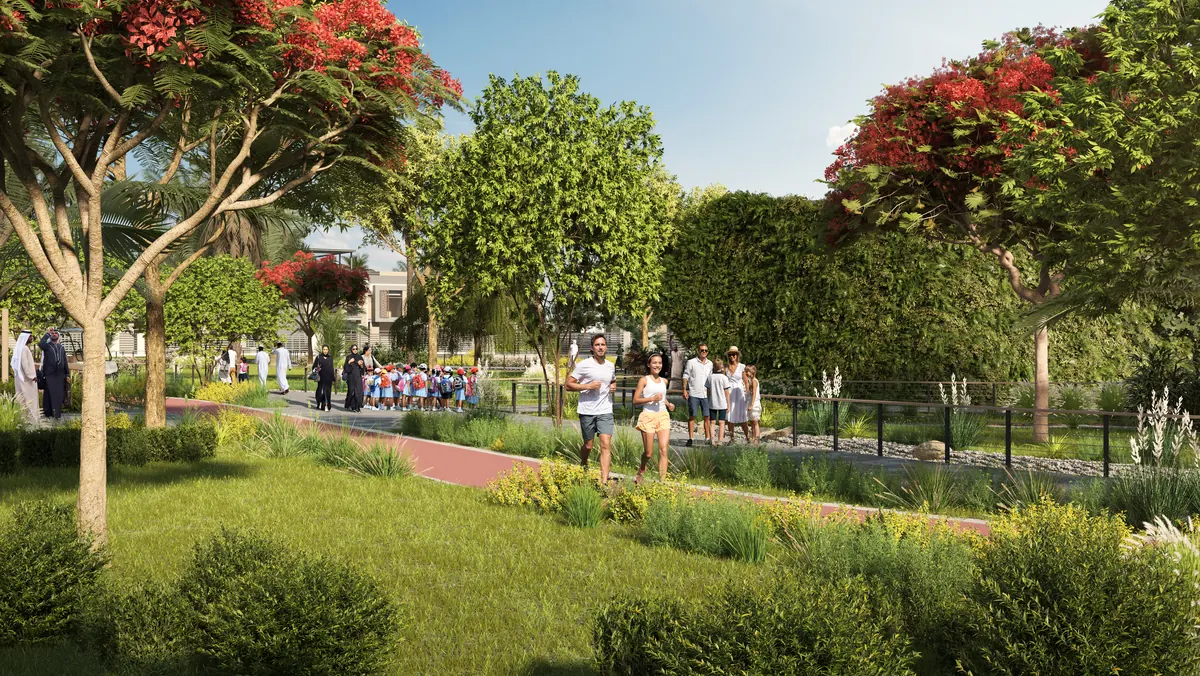 The planted green spine at The Sustainable City - Yiti, a shaded walking and running route through the community