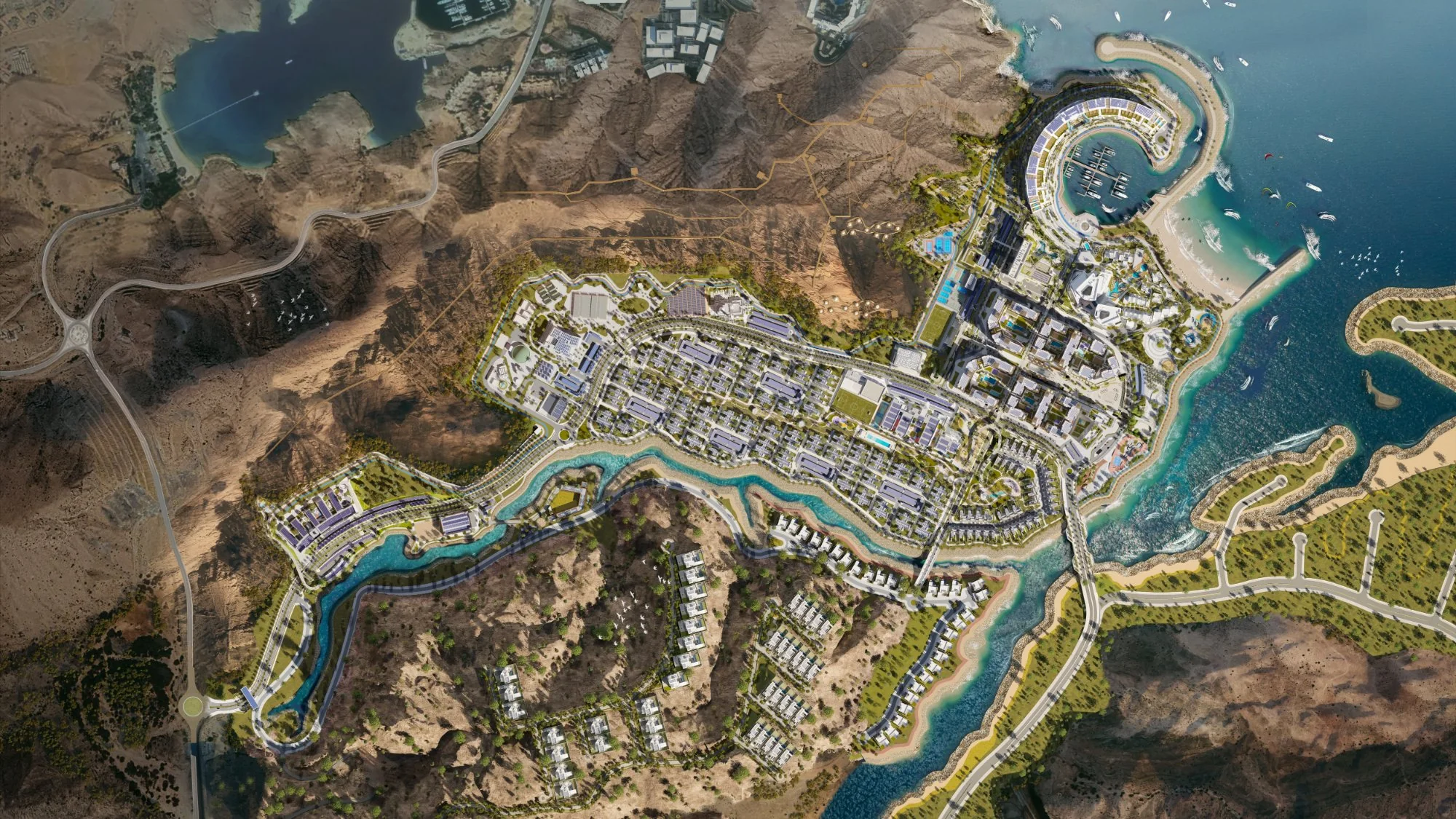 Aerial rendering of The Sustainable City - Yiti masterplan, with The Arc curving around the marina on the eastern headland