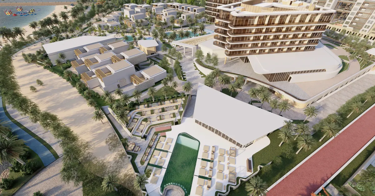 Nikki Beach Resort and Spa Muscat from the air, the beach club, pools, villas and hotel