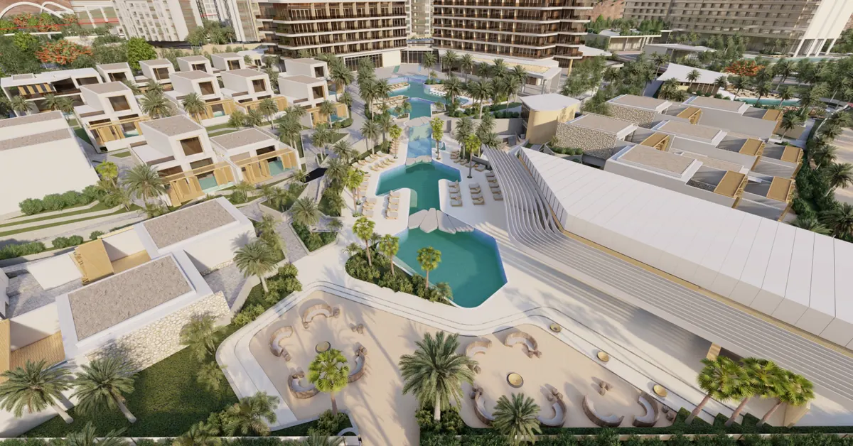 The pools, beach club and villas at Nikki Beach Resort and Spa Muscat