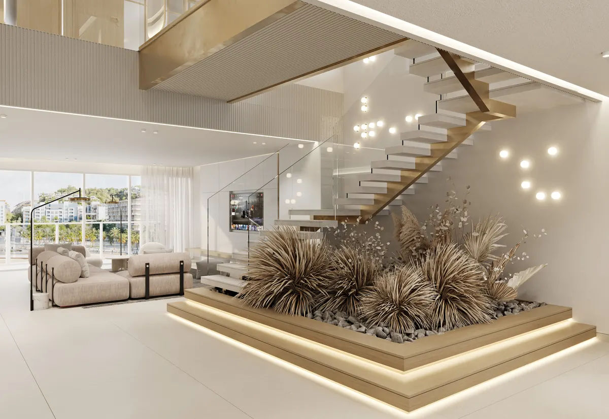 Onda three bedroom duplex, a double height living volume with an open stair and planted core