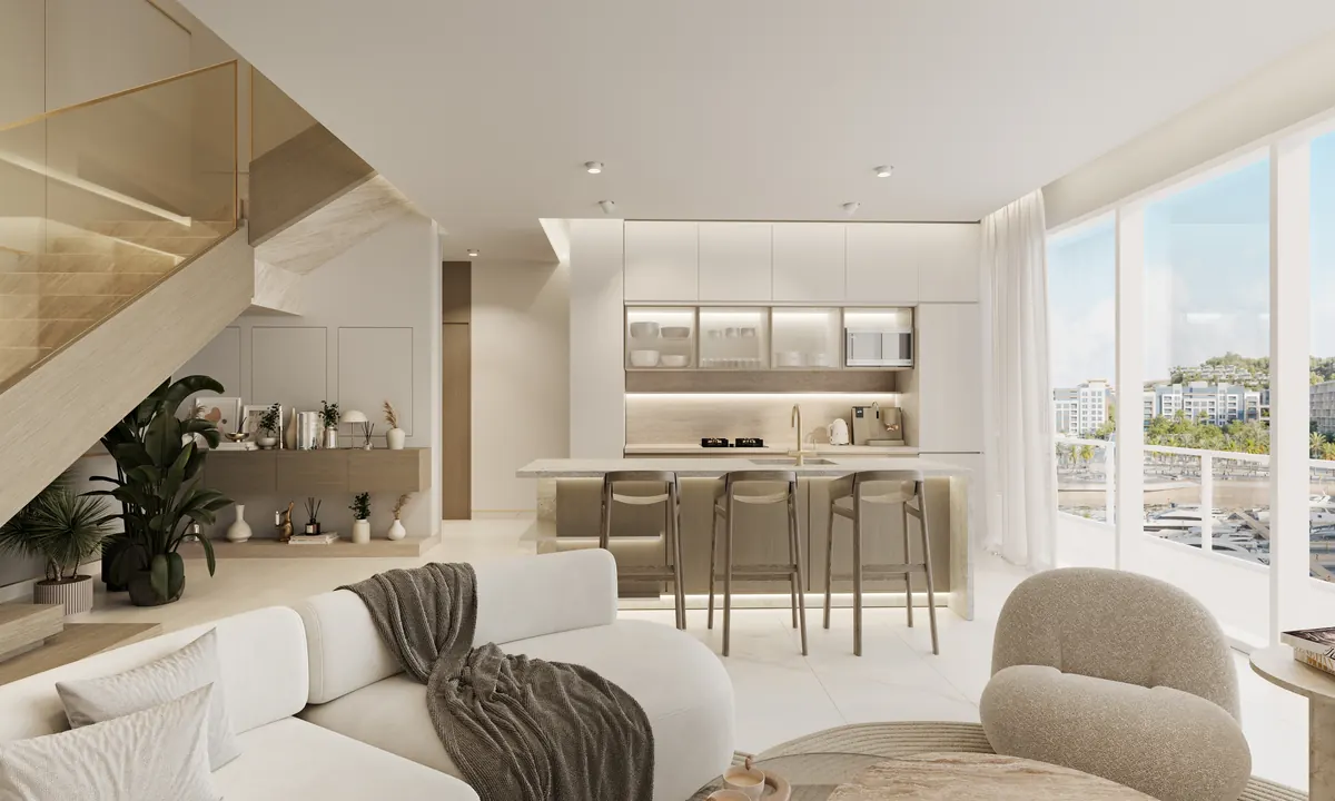 Opal two bedroom duplex living space with an open stair and island kitchen