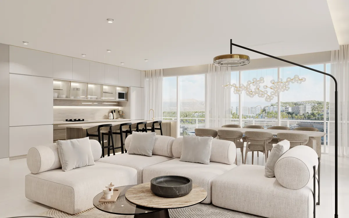 Opal Sky Garden two bedroom living space in ivory travertine and oak, opening onto the terrace