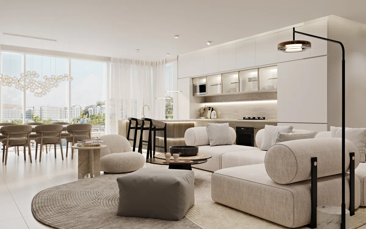 Øpal: the living room of a signature two bedroom, warm stone and linen, the water on the long side