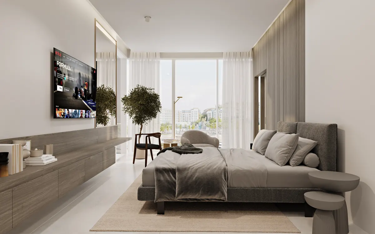 Opal Signature two bedroom principal bedroom with timber panelling and a marina view
