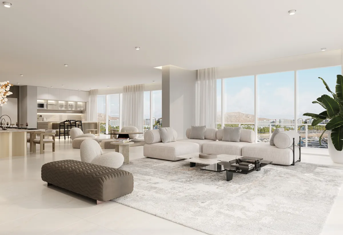 Opal Sky Terrace three bedroom living and dining beneath a sculptural chandelier