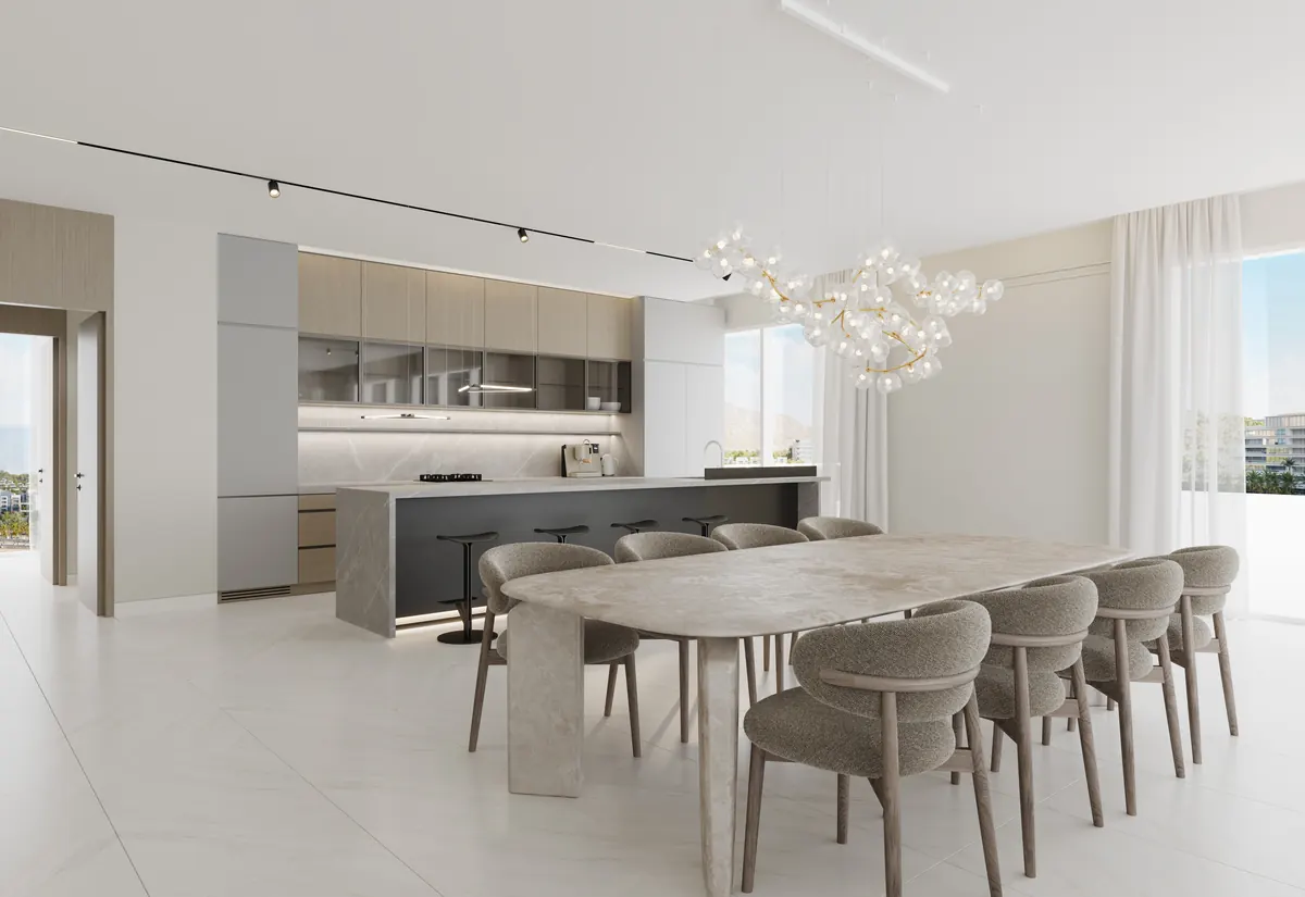 A dining room in Øria, a stone island and a long table