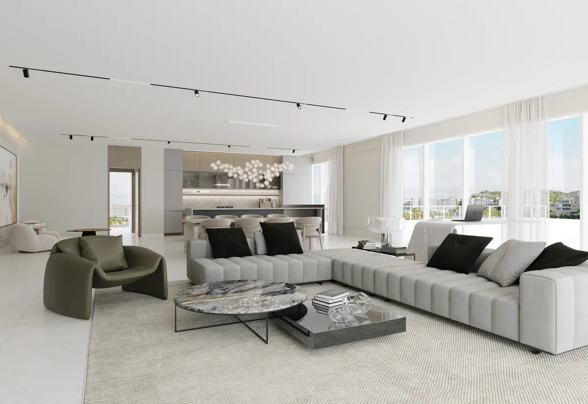 Oria Sky Garden three bedroom living room in soft greys, full height glazing onto the marina