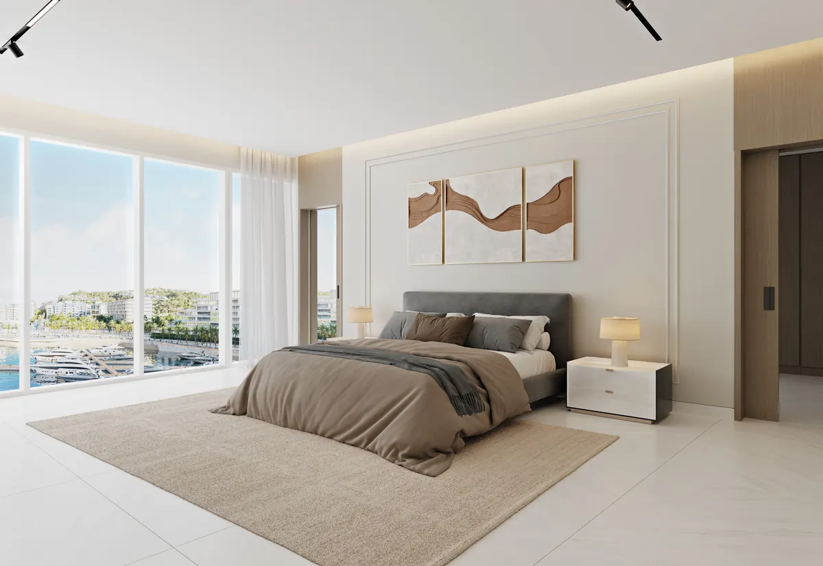 Sky garden three bedroom, the principal bedroom looking onto the marina