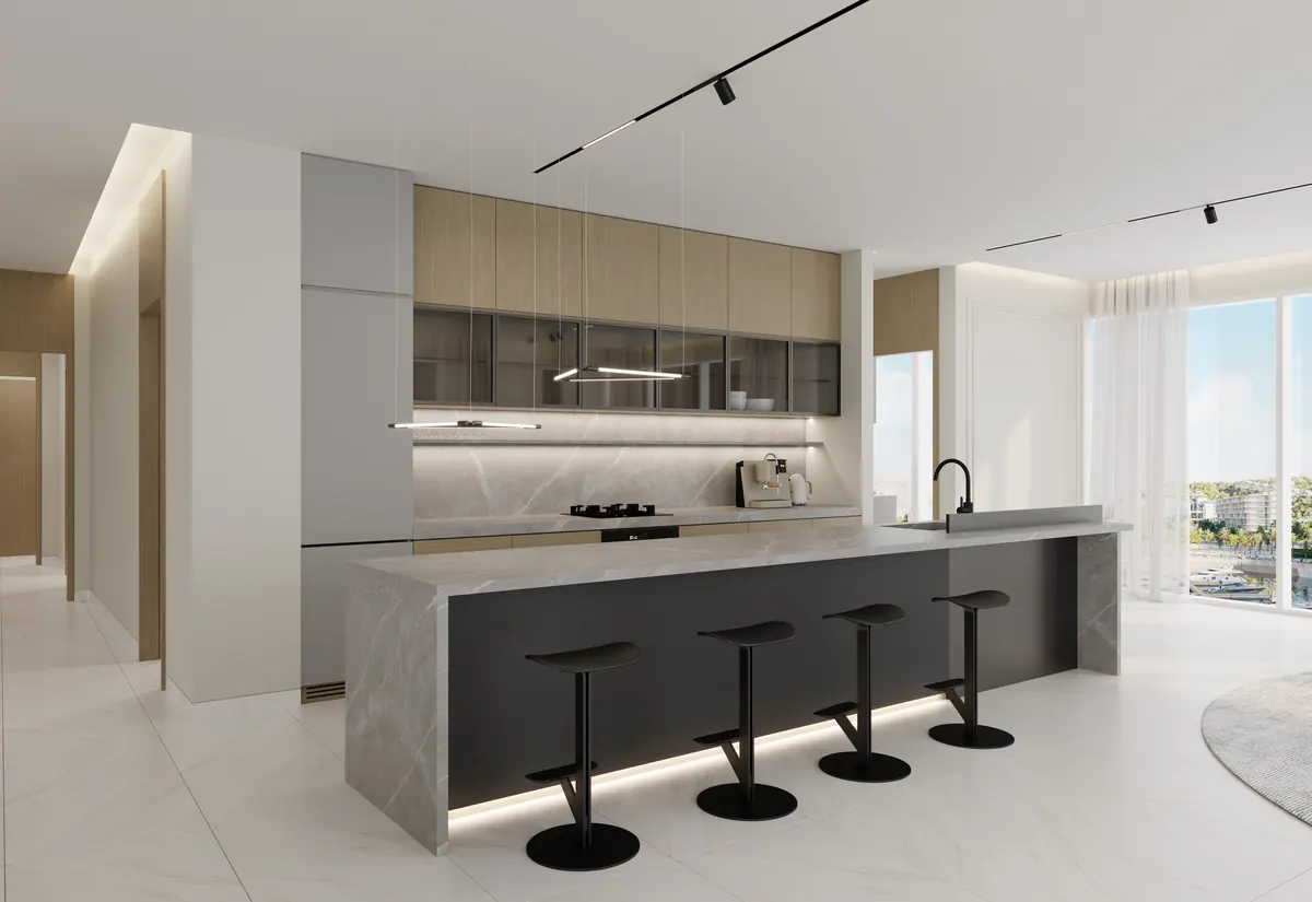 Oria Sky Garden four bedroom kitchen with a dark stone island and bar seating