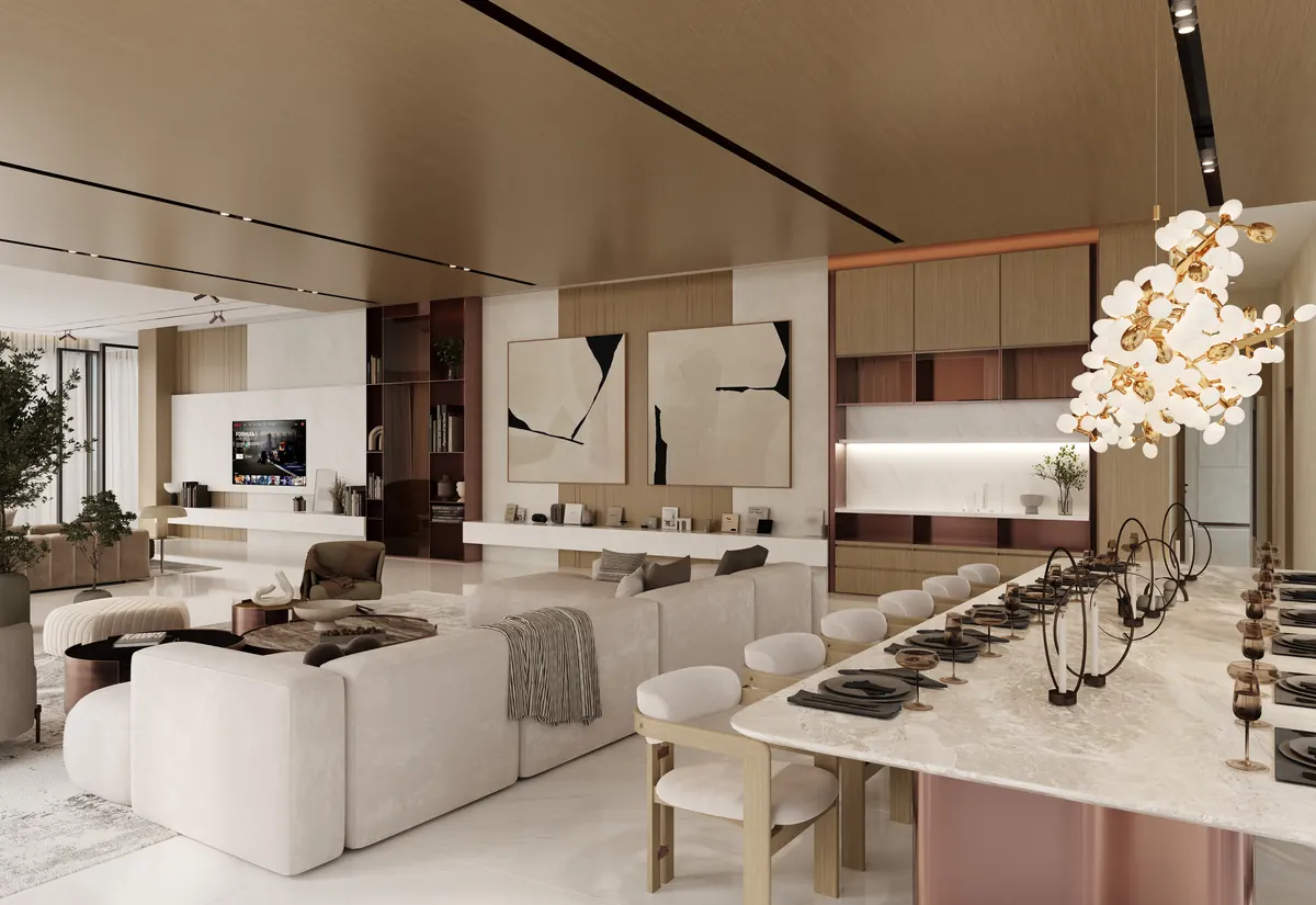 Penthouse kitchen and bar with a stone island and bronze detailing