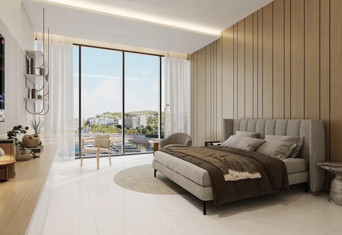 Penthouse principal bedroom with a timber panelled wall and terrace access