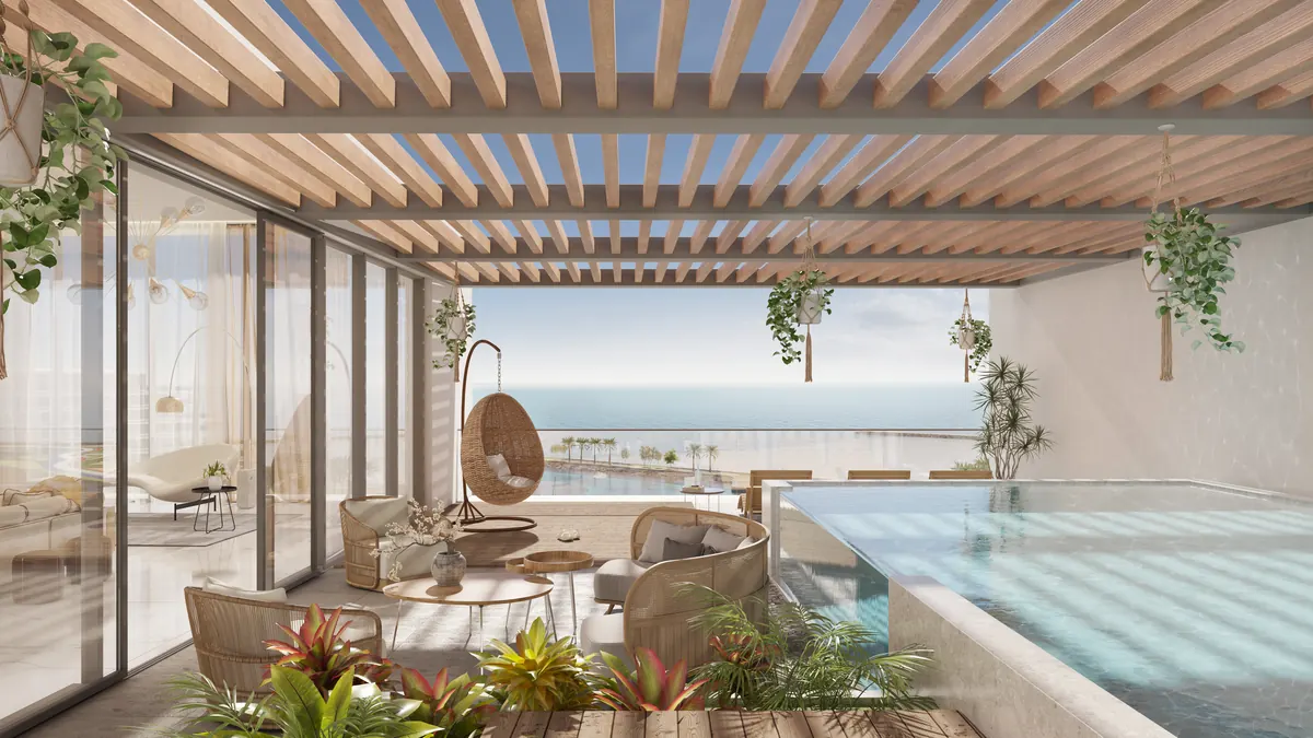 A sky garden terrace with a timber pergola, plunge pool and sea view